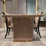 White Marble Dining Table with Woven Leather Side Panels and Polished Metal Frame